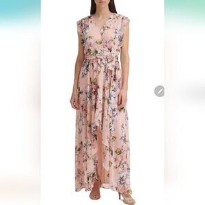 Eliza J Peach floral high low ruffle dress